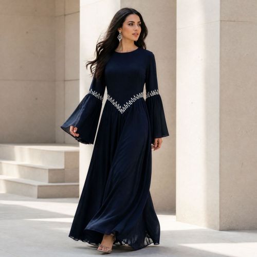 Luxury Solid Rhinestone Qurxiyey Flare Sleeve Abaya