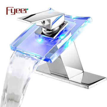 Fyeer Led Square Glass Basin Faucet Waterfall Tap