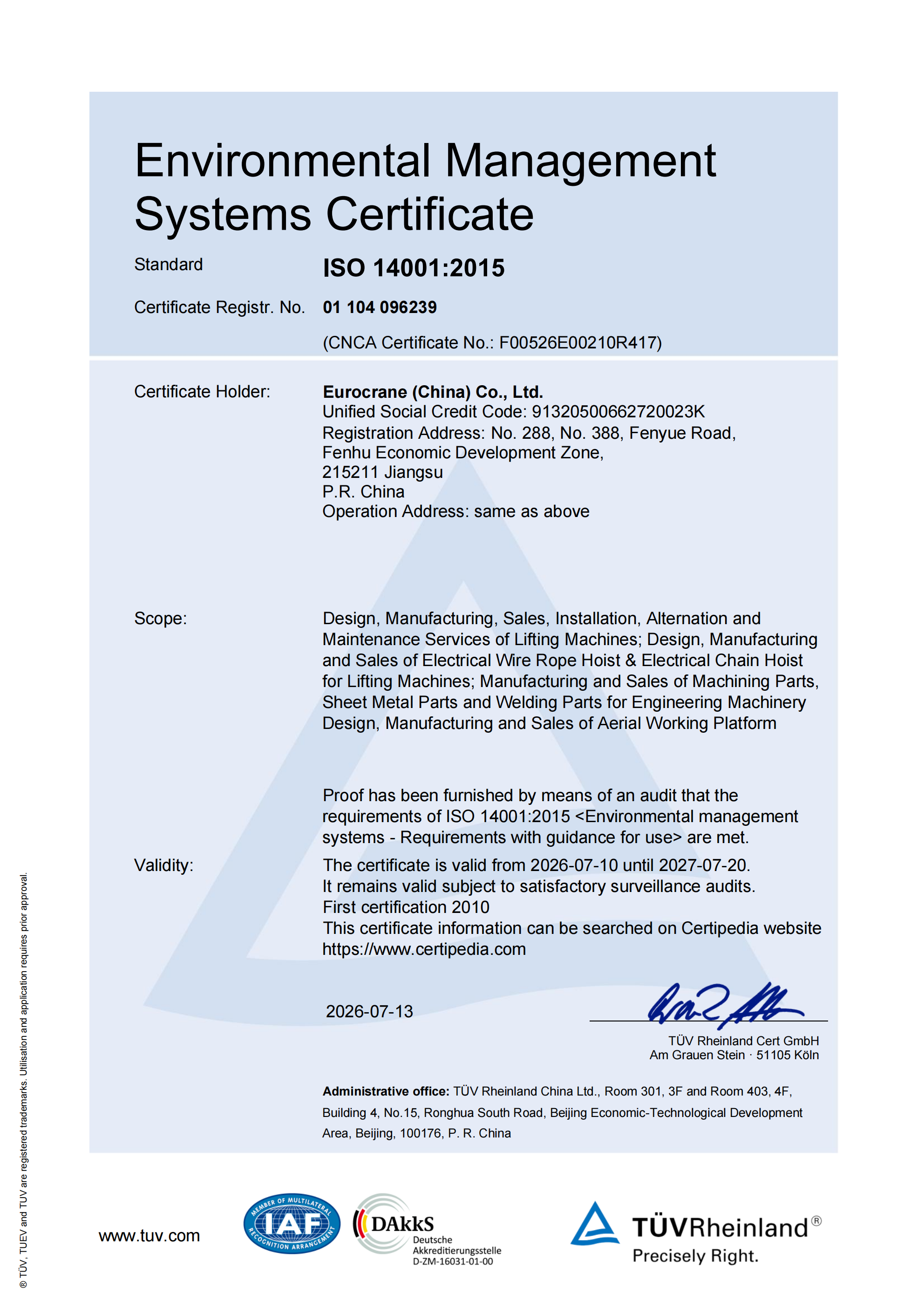 Eurocrane ISO 14001:2015 Environmental Management Systems Certificate issued by TÜV Rheinland for sustainable manufacturing of lifting equipment and cranes