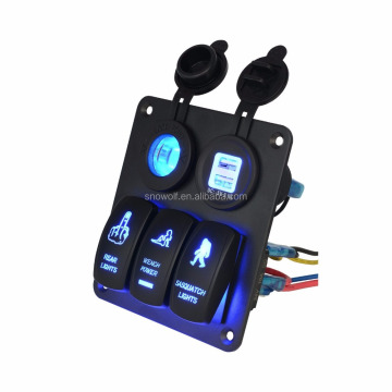LED 3 Gang Rocker Switch Panel with Power Socket, USB, and Decal Stickers for Marine, Boat, Car (DC12V/24V, 3.1A)