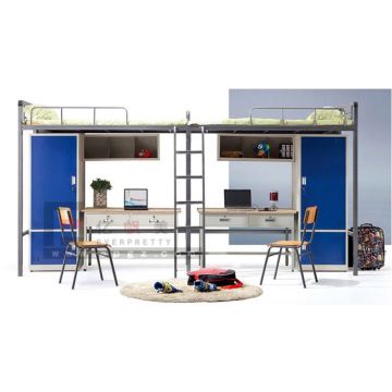 College Dormitory Metal Loft Bed with Desk, Bookshelf, and Cabinet