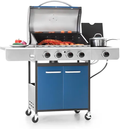 4-Burner Propane Gas Grill with Side Burner and Porcelain-Enameled Cast Iron Grates