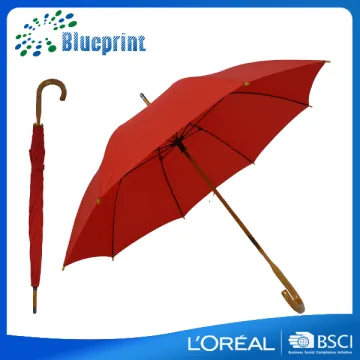 Solid color wooden curved handle pongee stick umbrella