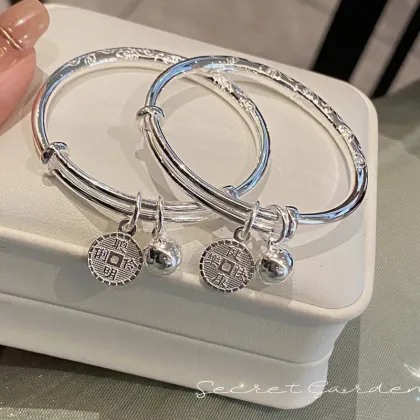 Wholesale Sterling Silver Round Stick Xiangyun Coin Bell Bracelet for Newborn Baby Gifts