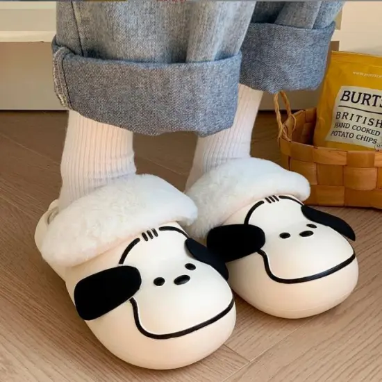 High-Quality, Waterproof Cartoon Dog Print Slippers with Fur Lining for Women - Perfect for Winter Use in the Bedroom or House