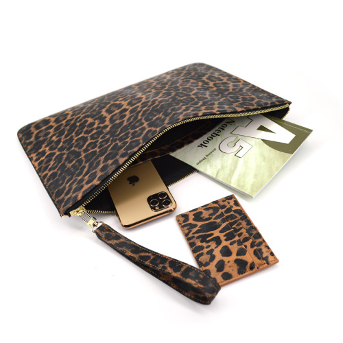 100% Real Leopard Leather Envelope Clutch Purse Bag