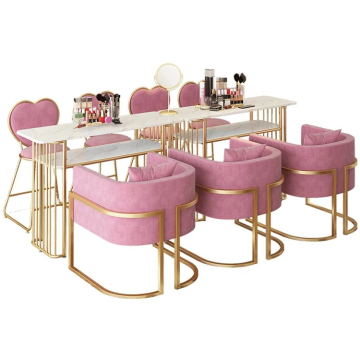 High-End Tufted Leather Nail Salon Desk with Glass Top and Marbled Finish: Perfect for Manicure Workshops