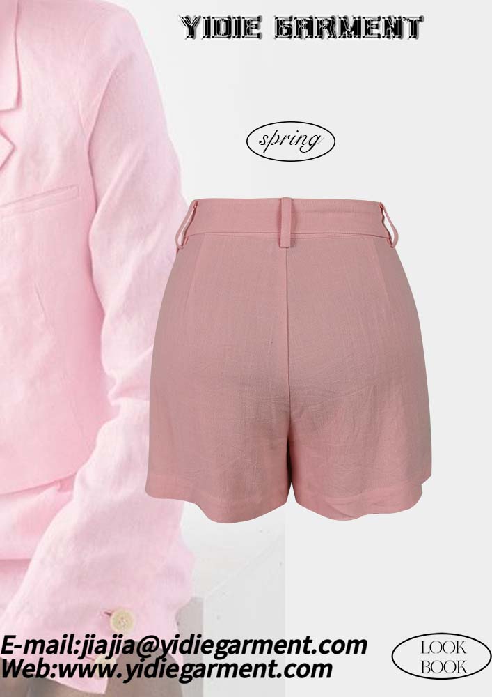 Women's Pink High-waisted Linen Pleated Shorts