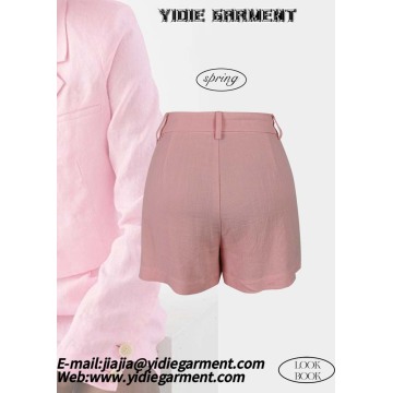 Women's Pink High-waisted Linen Pleated Shorts