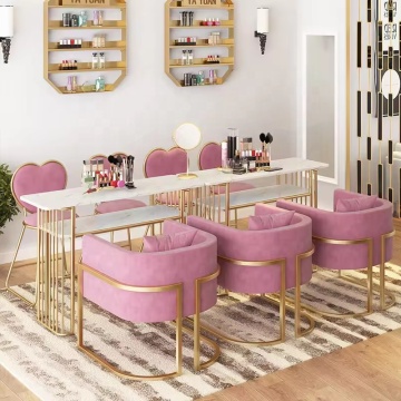 Hot Sale Pink Nail Table Desk Set with Gold Base and Salon Chair