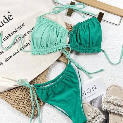 Patchwork Pleated Bandeau Swimsuit - Women's Bikini Set for Sexy Bikinis and Swimsuits