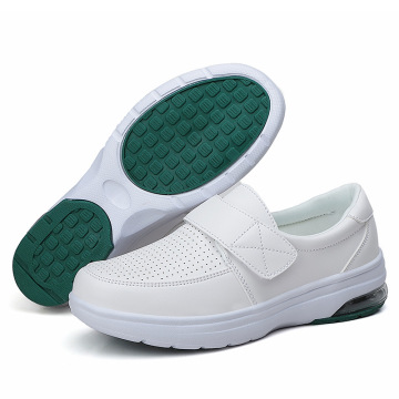 High Quality White Micro Fiber Nurse Shoes with Air Cushion and Green Outsole