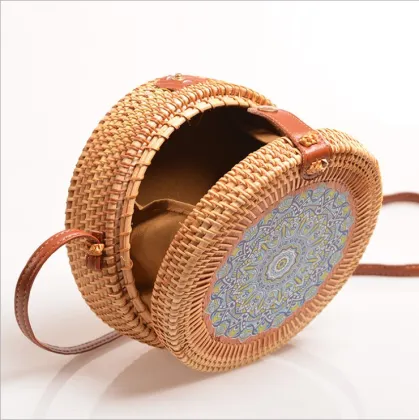 Woven Women's Round PU Leather Strap Bali Straw Embroidery Rattan Bag