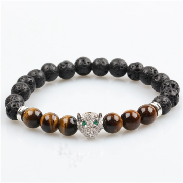 China factory hot selling fashion zirconia panther charm bracelet black lava stone bracelet lowest price