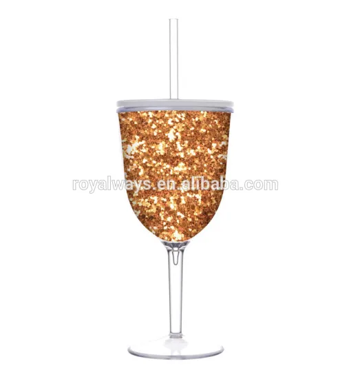 Hot Selling Golden Yellow Double Wall 13oz Glitter Wine Glasses