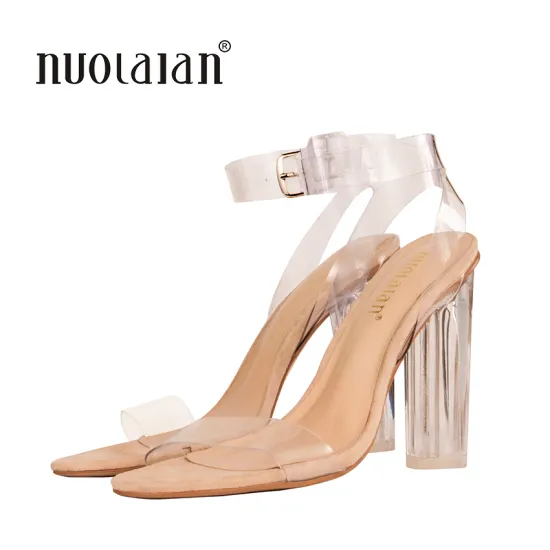 2018 Newest Women Pumps Shoes Celebrity Wearing Simple Style PVC Clear Transparent Strappy Buckle Sandals High Heels Shoes Woman