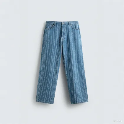 Men Rigid Jeans Vintage Textured Stripped Denim Pants