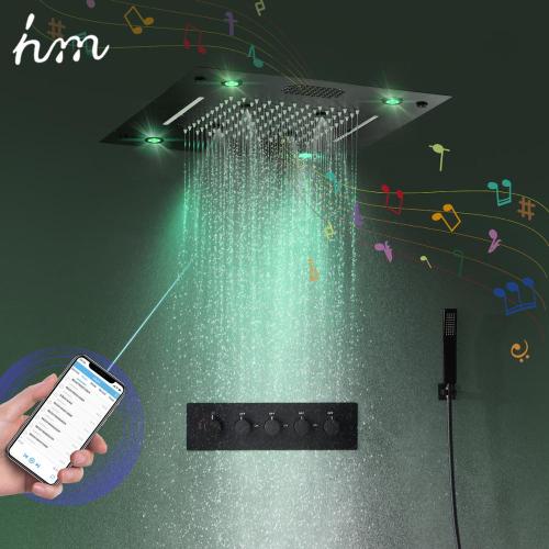 hm 2020 New Music Shower System Bathroom Smart LED Lighting Rainbow Waterfall Thermostatic 16 inch Music Shower Faucet Set