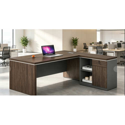 Mesa de gerente em forma de L com gabinete lateral