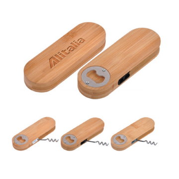 Bamboo Corkscrew and Bottle Opener with Laser Logo - OEM Custom