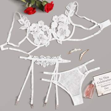 Hochwertige Mesh -Stickerei unterwirft Strumpfband -Dessous -Set für Frauen