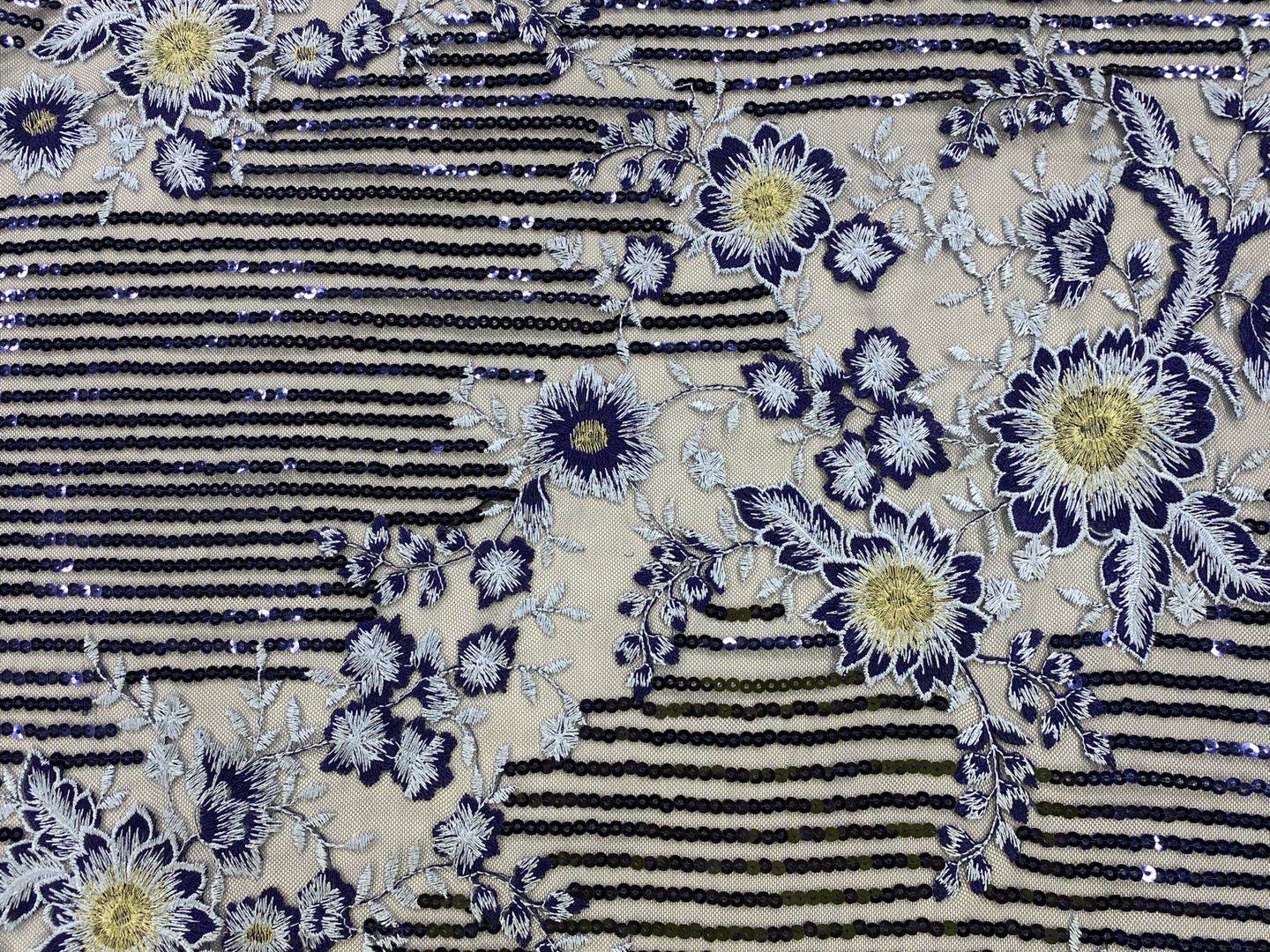 Metallic /Shiny Poly Yarn Navy Sequin Embroidery Fabric