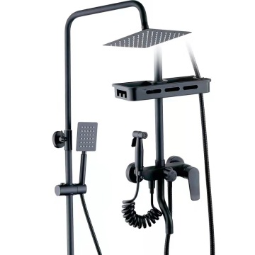 Black Wall Mounted Four Function Bathroom Shower Set with Brass Tap and Storage Basket