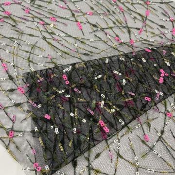 Circinate Peach Sequins Green Yarn Embroidery Fabric