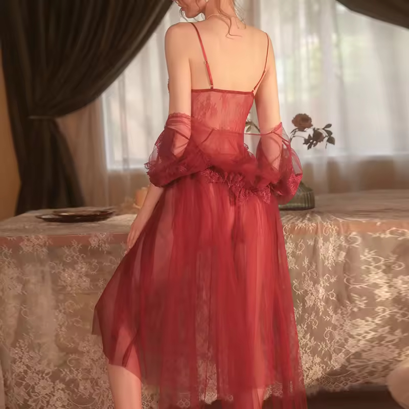 Sexy Lace Transparent Nightdress Thongs Slip nightdress robe set Sexy underwear