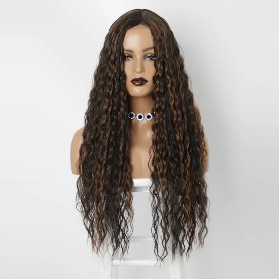 Afro Heat Resistant Friendly Cheapest Natural Mixed Black Brown Long Deep Wave Synthetic Hair Wigs Lace Front