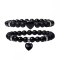 Perles rondes de pierre précieuse avec bracelets de charme de coeur Black Matte onyx Stone Stretch Bracelet Natural Stone Crystal Bangle 2pc