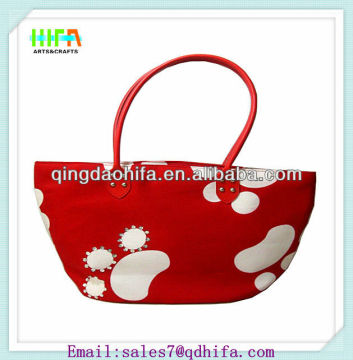 HIFA Summer Canvas Handbag Red Canvas Beach Bag Wholesale Leather Handle