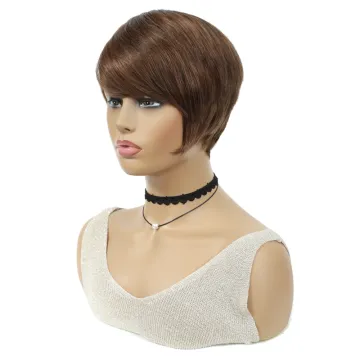 X-TRESS Omber Brown Human Hair Wigs Brazilian Straight Short Natural Hair Wigs For Black Women Side Bangs Full Machine Made Wigs