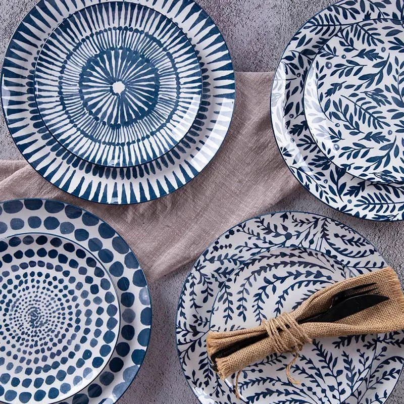 Best Selling High Quality Wholesale Durable Sustainable Customized Natural Plant Indigo Printing China Ceramic Dinnerware Porcelain Tableware Dinner Set