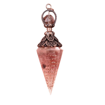 Strawberry Quartz Chip Stone Resin Antique Bronze Hexagonal Cone Pendant & Pendulum