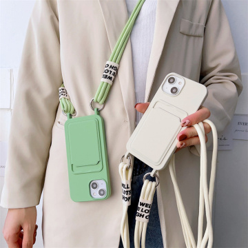 High-End Simple Liquid Solid Color Case with Crossbody Strap for Various iPhone Models - Anti-Fall Protection