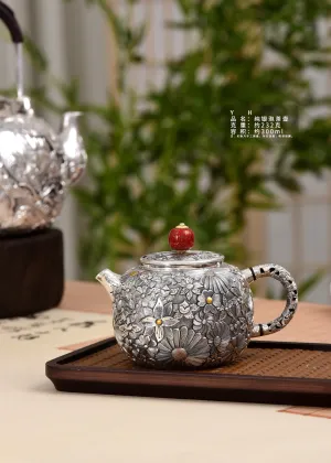 Luxury Silver Tea Pot Featuring Floral Motifs