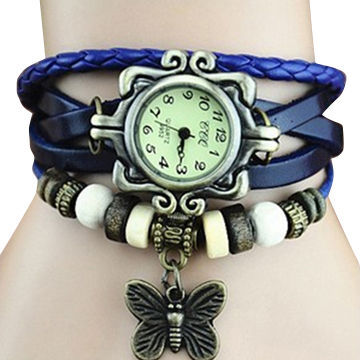 Leather wrap bracelet with watch, metal charms, beads