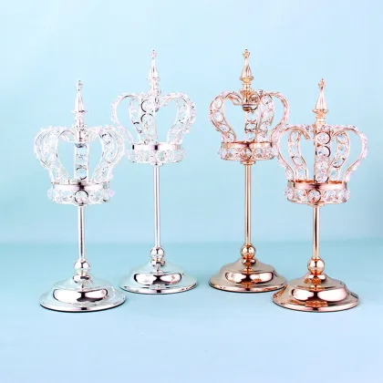 Crown Shape Gold Metal Crystal Candle Holders