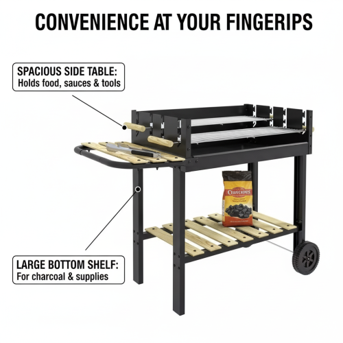 เตาย่างถ่านปรับความสูงการทำงานพร้อมชั้นวางไม้
