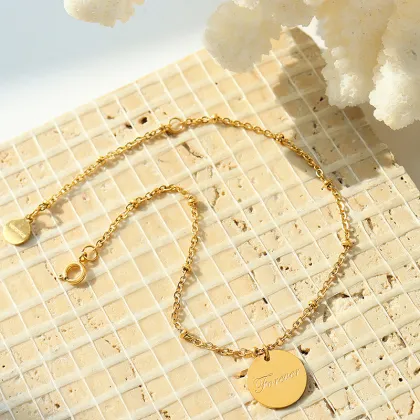 New Arrival: Gold Plated Stainless Steel Forever Letter Coin Bracelet and Titanium Steel Round Tag Chains Bracelet