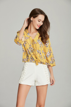 woven fashion ladies V neck printed floral blouse
