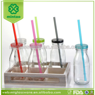 set6 new glass milk bottle with wooden holder