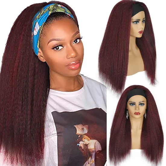 Dark red Yaki Headband wig Synthetic hair extension Kinky Curly Elastic Synthetic wigs For Black Women