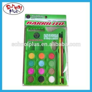 Promotional 12 colors water color cake with 2 brushes for artish