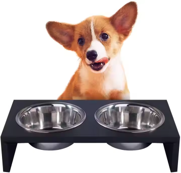 Double Stainless Steel Dog Bowls with Wood Frame - Elevated Pet Food and Water Feeder