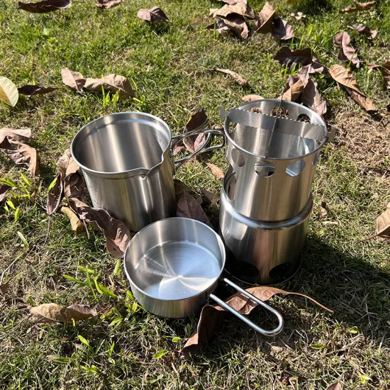 Wood Stove Cooking Pot Set Stainless Steel Outdoor Cooking Kit Backpacking Gear Portable Camping Cookware Set