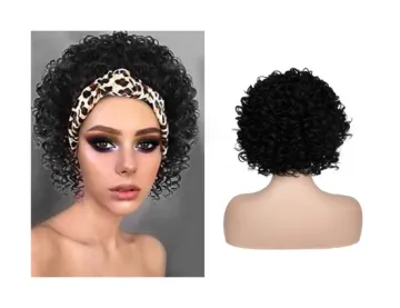 Wholesale black short Afro Curly headband wig cheap Non Lace Synthetic hair wig vendor for Black Women synthetic headband wig
