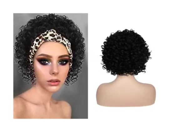 Wholesale black short Afro Curly headband wig cheap Non Lace Synthetic hair wig vendor for Black Women synthetic headband wig