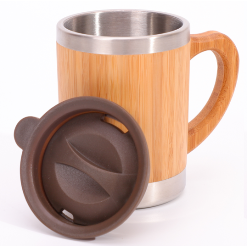 Tasse à café en acier inoxydable de bambou 300 ml avec couvercle